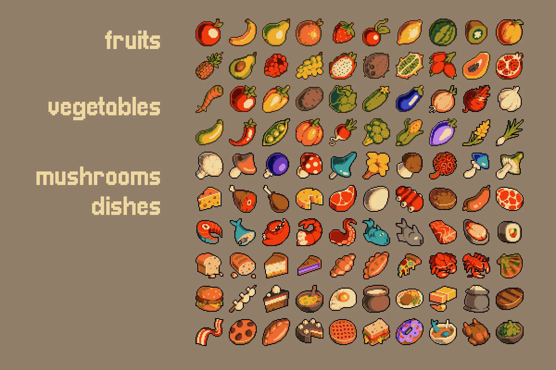 Fruits and Vegetables Pixel Art Icon Pack 