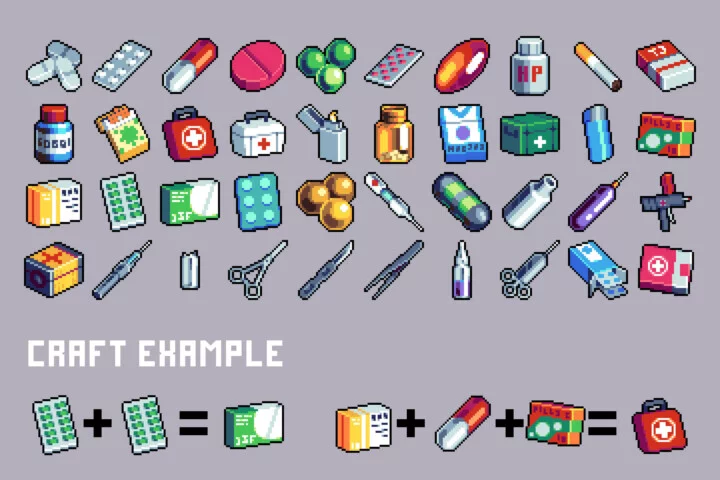 Medicine and Thematic Things Pixel Art 32×32 Icon Pack