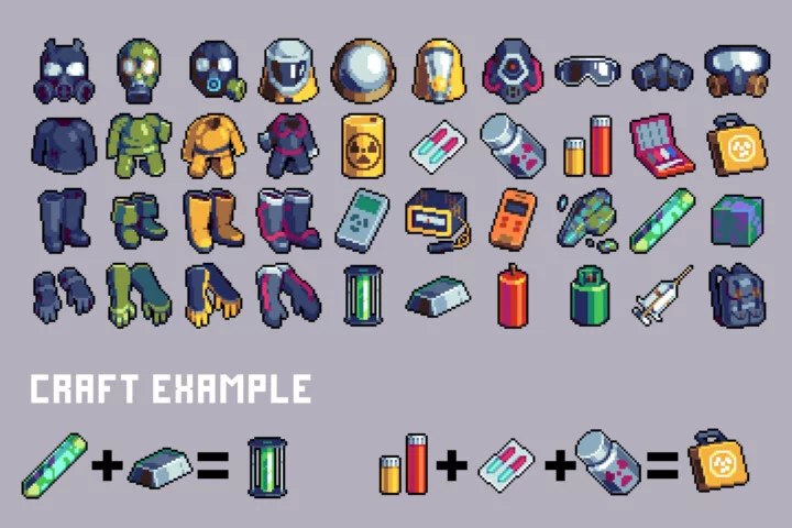 Free Protective Suit Against Radiation and Things Pixel Art Icons