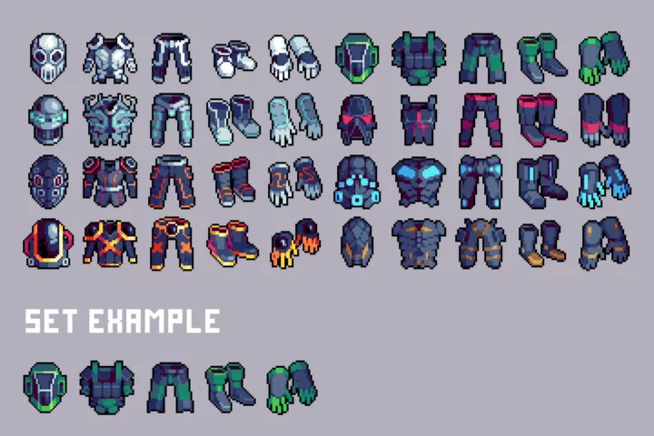 Cyberpunk Armor 32×32 Icons Pixel Art