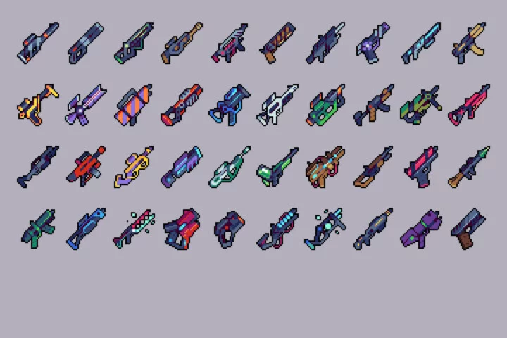 Cyberpunk Firearm Pixel Art 32×32 Icons