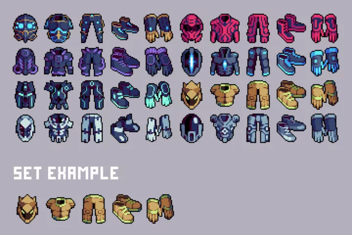 Cyberpunk RPG Armor Pixel Icons Set
