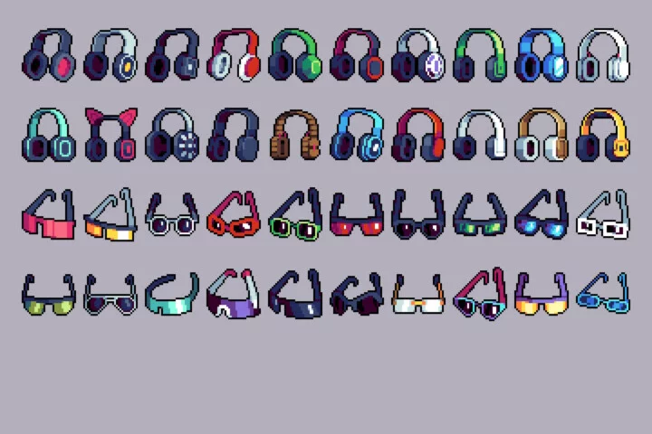 Headphones and Glasses Pixel Icon Set