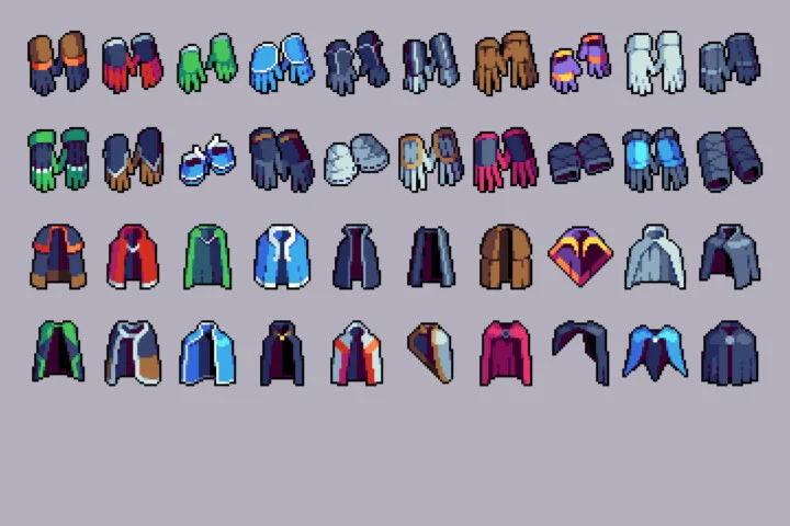 The Cyberpunk Gloves and Cloaks Pixel Icon Set