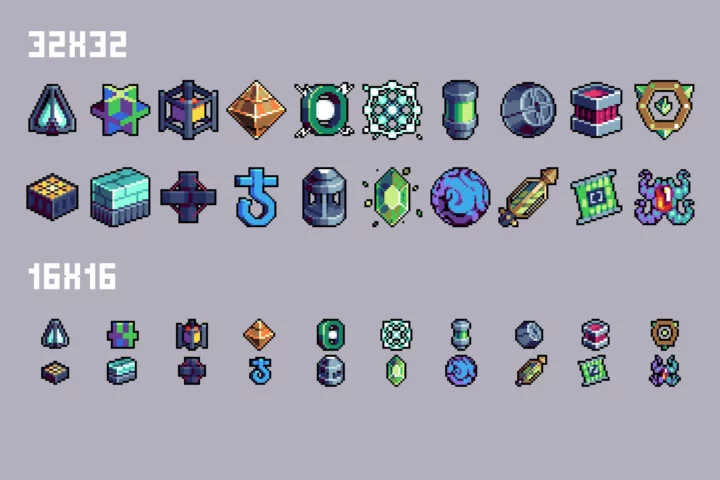 Cyberpunk Artefact Icons Pixel Art