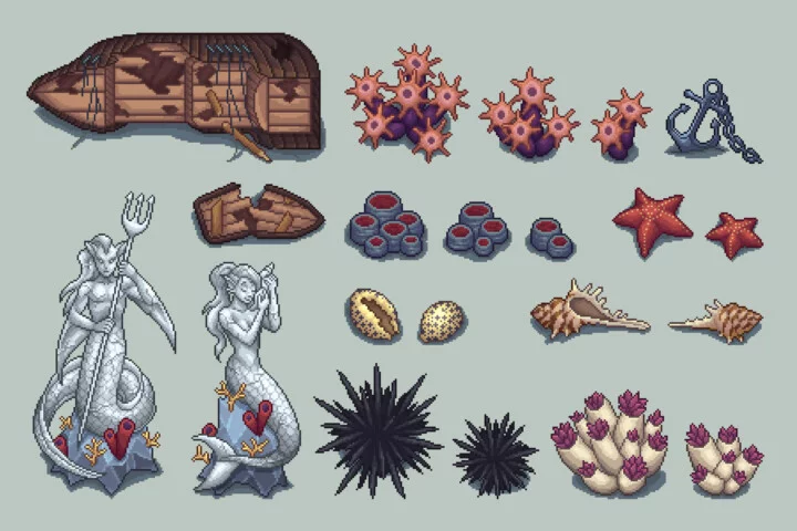 Free Top-Down Seabed Objects Pixel Art