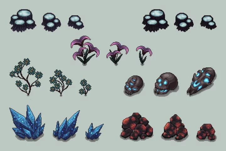 Glowing Cave Objects Pixel Art Asset Pack