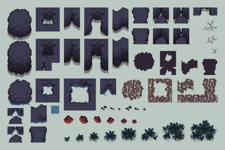Glowing Cave Top-Down Tileset 2D Pixel Art