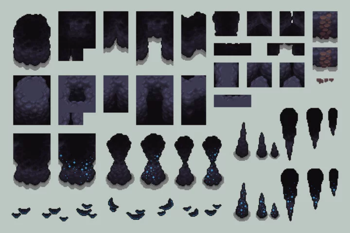Glowing Cave Top-Down Tileset 2D Pixel Art
