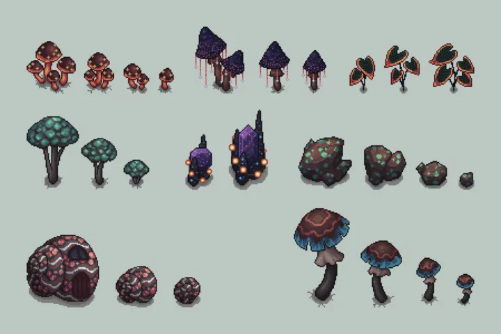 Glowing Cave Top-Down Tileset 2D Pixel Art