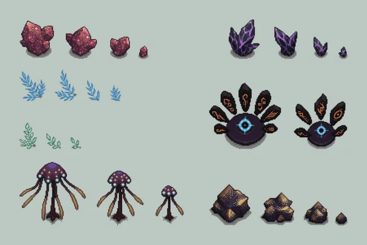 Glowing Cave Top-Down Tileset 2D Pixel Art