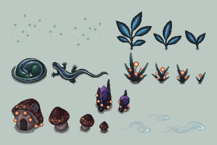 Glowing Cave Top-Down Tileset 2D Pixel Art