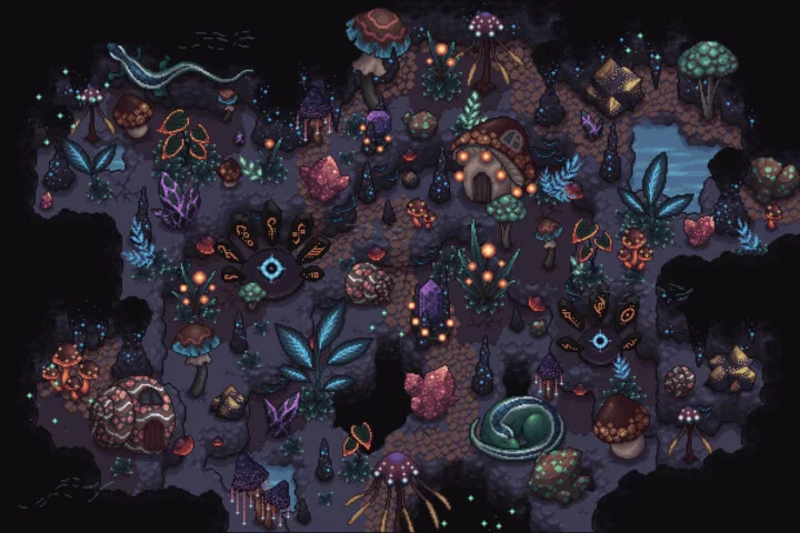 Glowing Cave Top-Down Tileset 2D Pixel Art