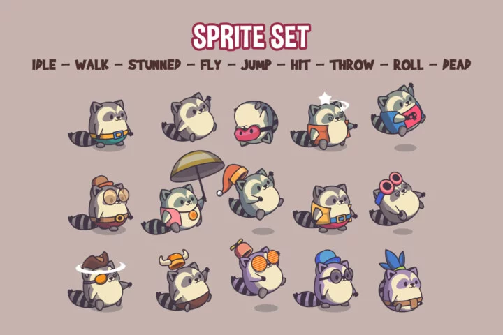 Cute Raccoon Game Character Sprites