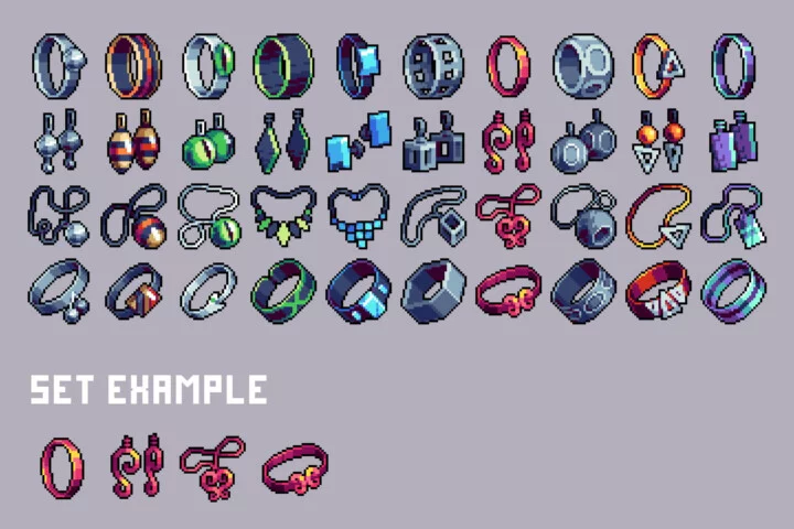 Jewelry 32×32 Pixel Icons for Cyberpunk Game