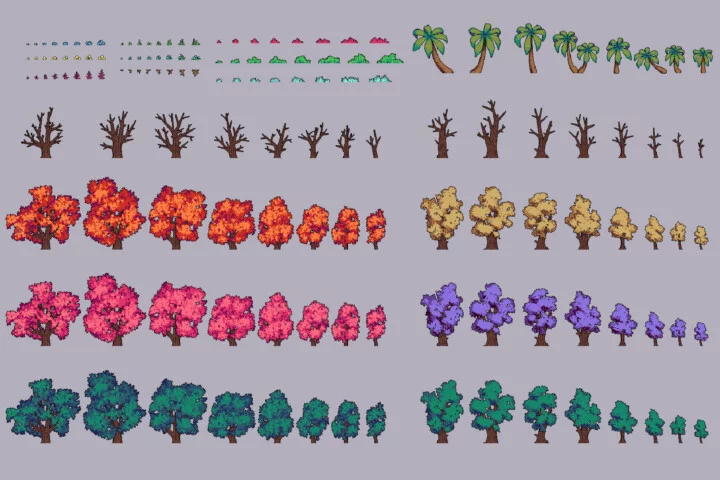 Trees and Bushes Pixel Art for Platformer