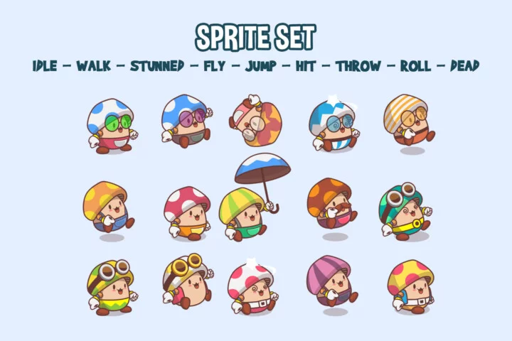 Cute Mushroom Character Game Sprites
