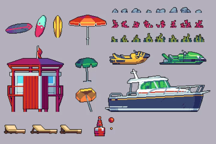 Beach Pixel Art Tileset for Cyberpunk Topic