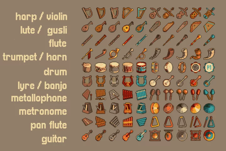 Fantasy RPG Pixel Musical Instrument 32×32 Icons