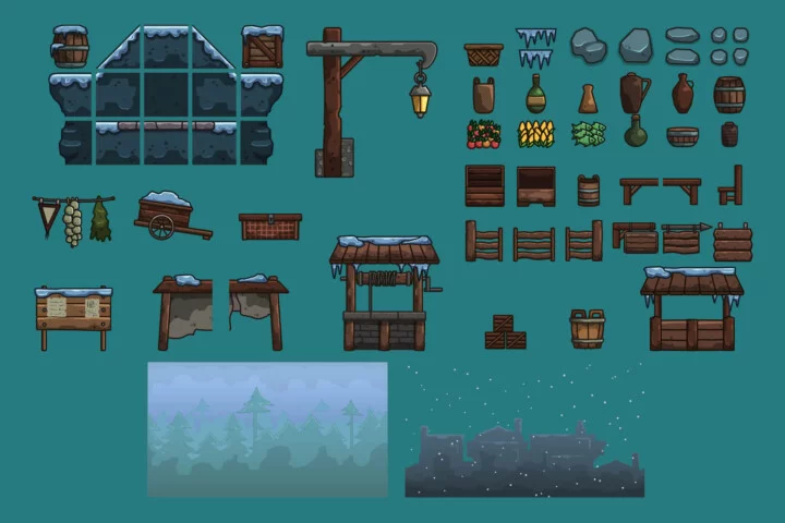 Winter Market 2D Cartoon 128×128 Tileset