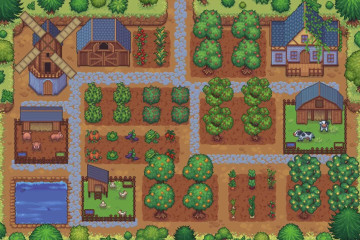 Top-Down Farm with Animals Pixel Art Asset Pack