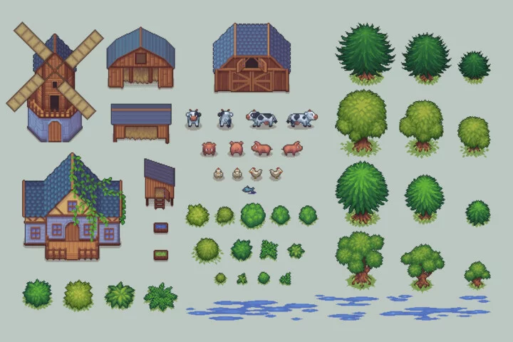 Top-Down Farm with Animals Pixel Art Asset Pack
