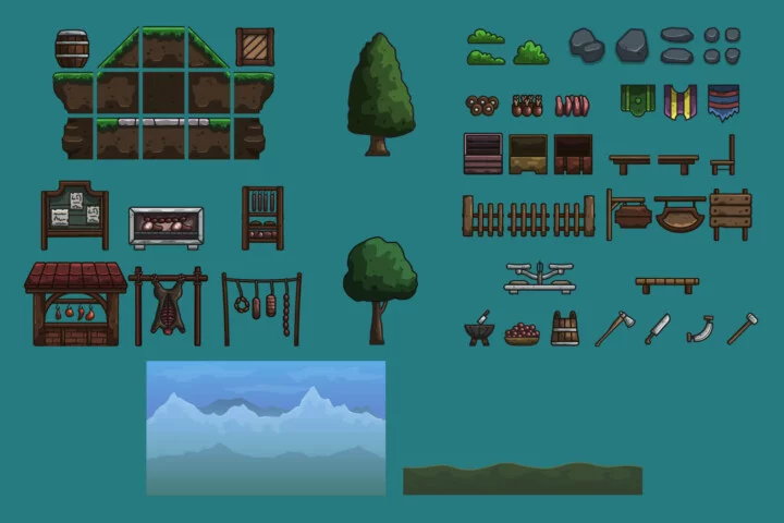 Cartoon Medieval Butcher Stall – 2D Tileset