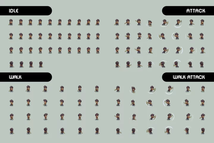 Free Swordsman 1–3 Level Pixel Top-Down Sprite Character
