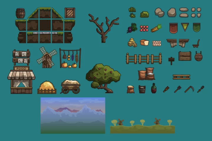 Cartoon Medieval Farm Market Tileset for Platformer
