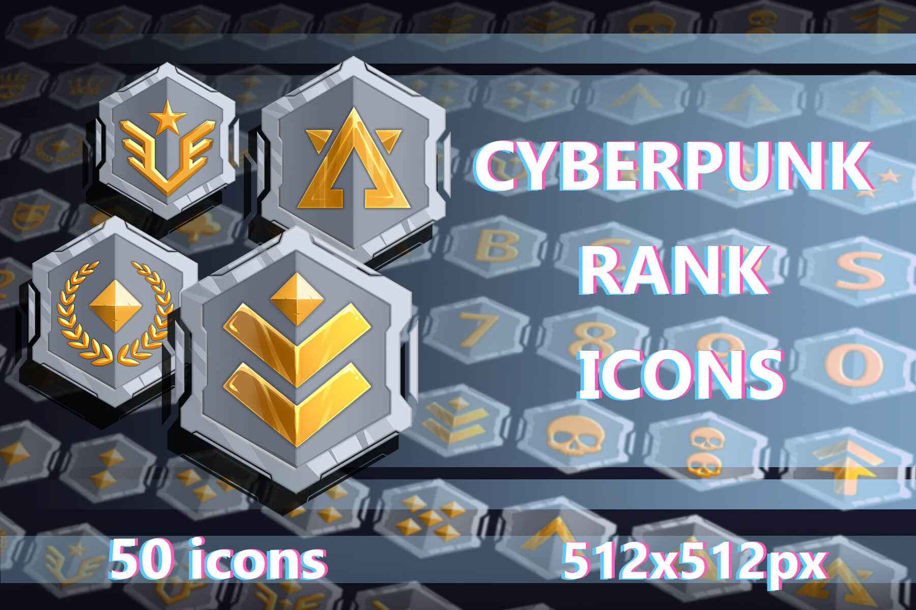 Cyberpunk Rank Icons Pack 512x512 – Futuristic UI Badges - CraftPix.net