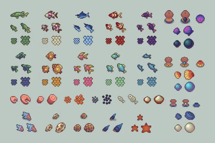 Fishing and Gathering Pixel Art RPG Icons