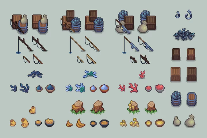 Fishing and Gathering Pixel Art RPG Icons