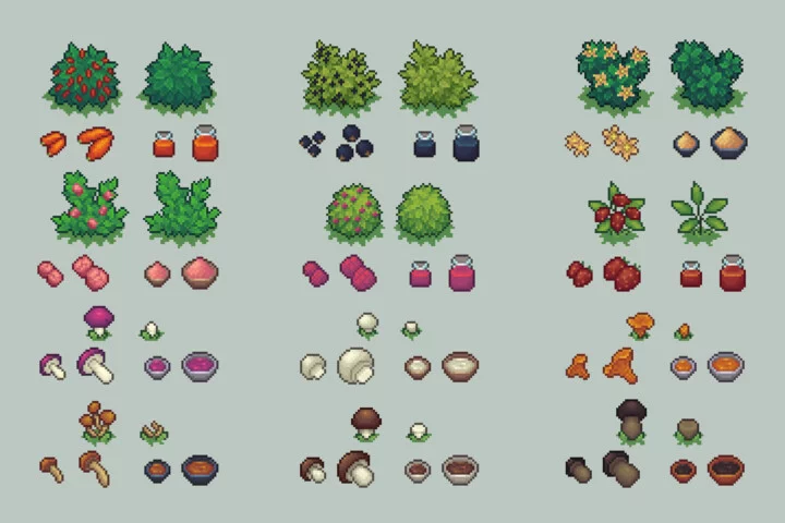 Fishing and Gathering Pixel Art RPG Icons