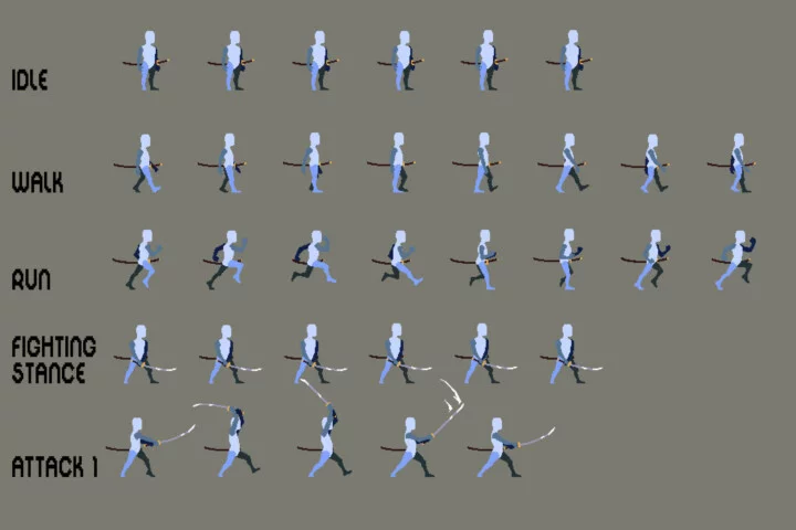 Prototype Saber Fighter Pixel Sprite Sheet