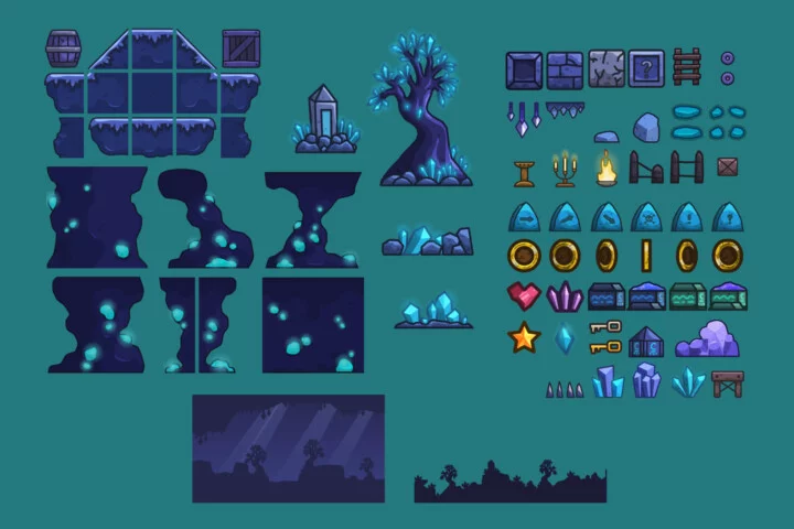 Free Crystal Caves 2D Platformer Tileset