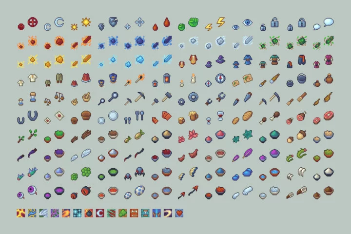 Free Basic Pixel Art Fantasy Icons 16×16 for UI
