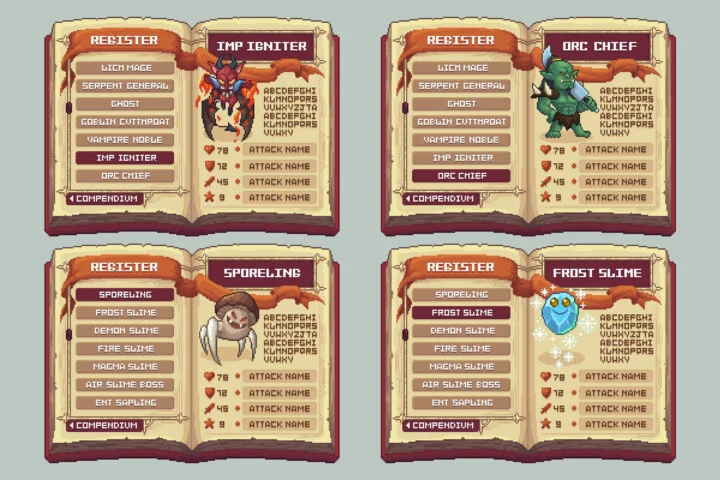 Fantasy Bestiary UI & Monster Pixel Art Pack